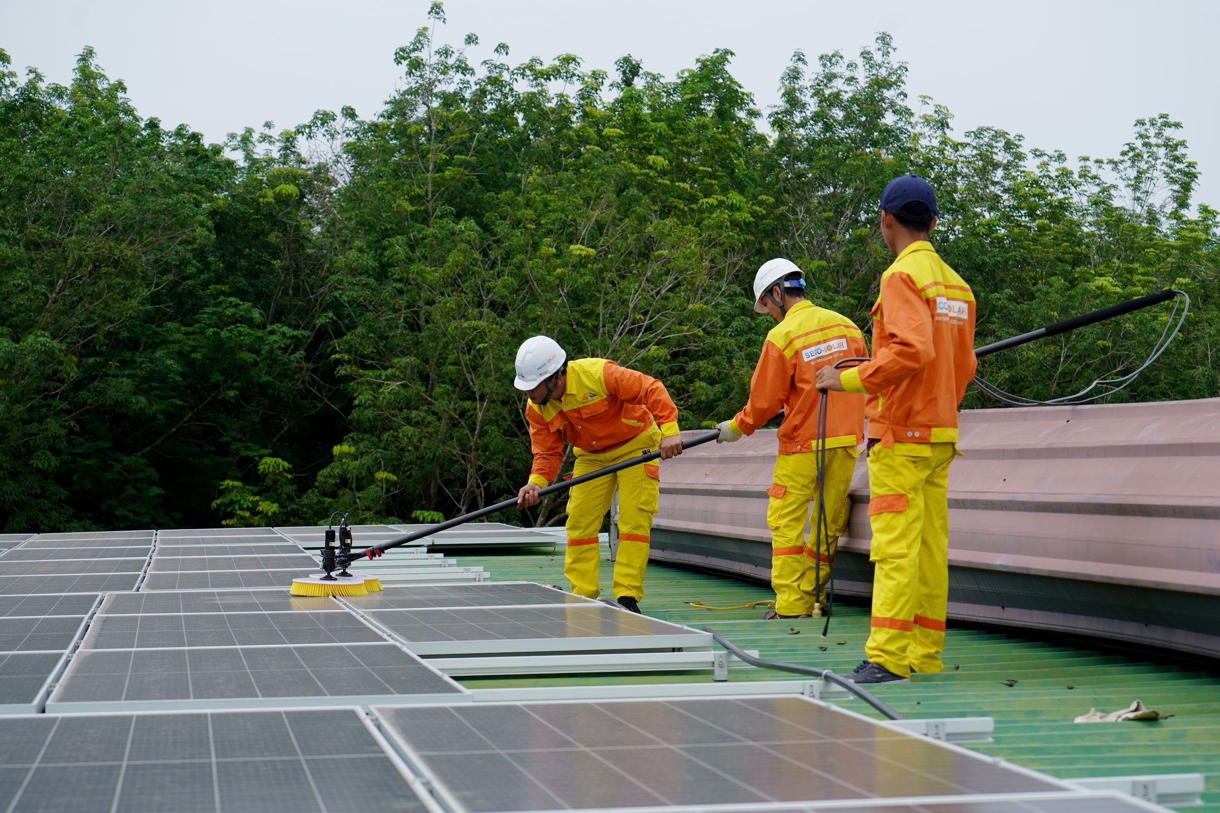 Three workers on a roof cleaning an array of solar panels with a long handled brush.